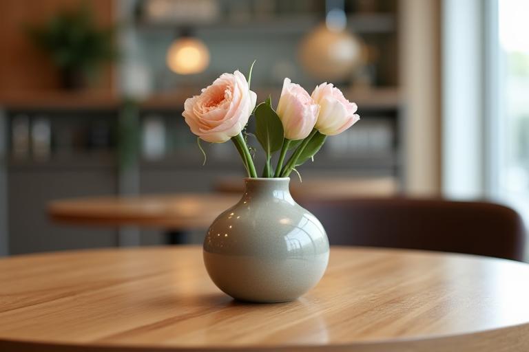 Детали интерьера: ваза с цветком на деревянном столе