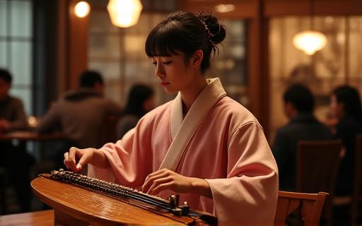 Музыкант, играющий на кото в интерьере кафе